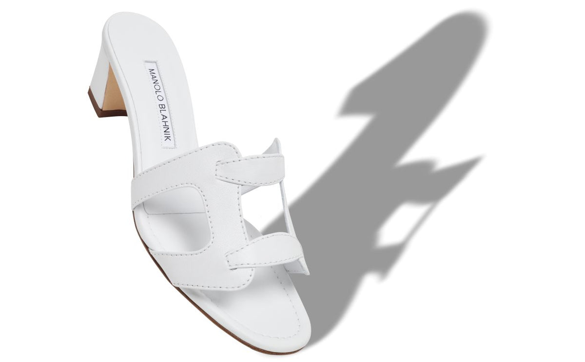 Evangeline Muse White Open Toe Mules – front three-quarter view showing white open toe, nappa leather, Vowalisse