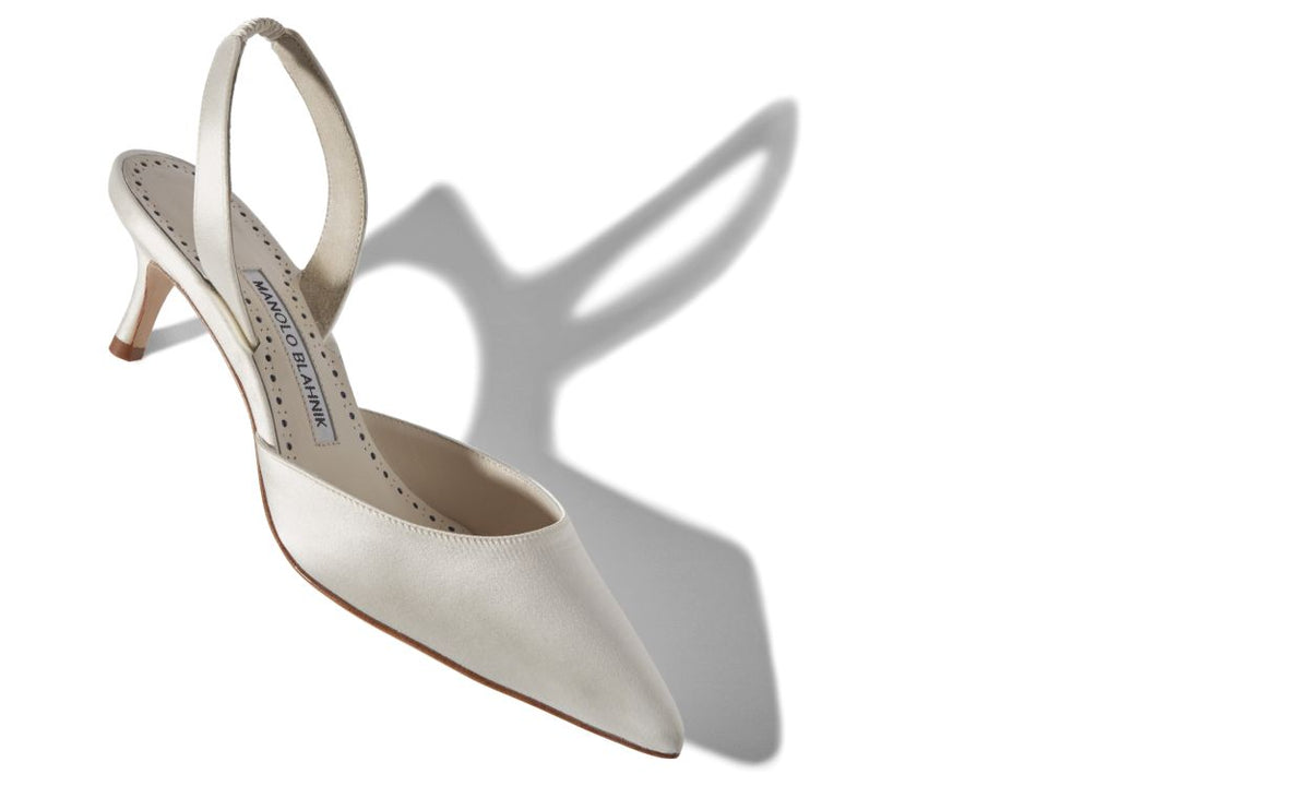 Celeste Belle White Slingback Slingbacks – front three-quarter view showing white slingback, pointed toe, satin, Vowalisse