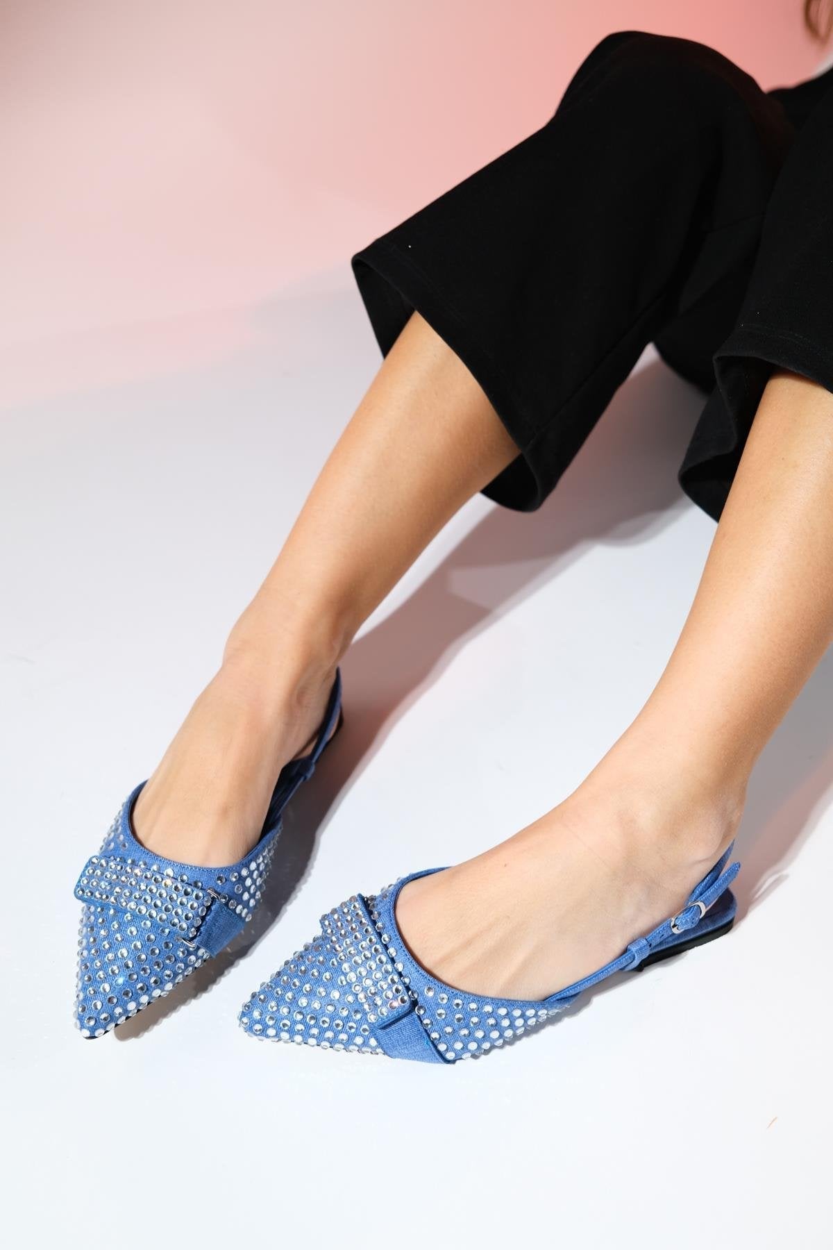 Kelp - Denim Blue Flat Sandal – detail view showing leather, blue, Vowalisse