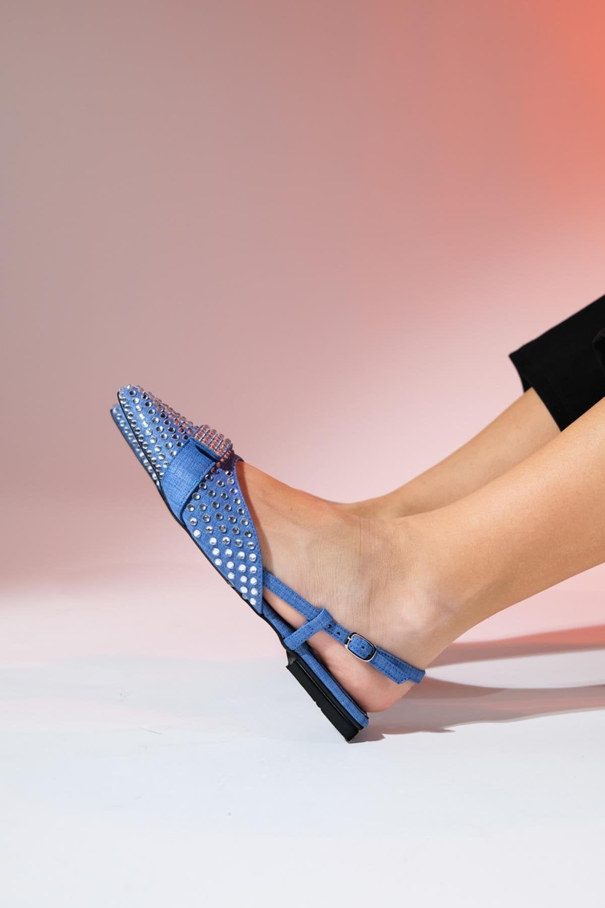 Kelp - Denim Blue Flat Sandal – heel view showing leather, blue, Vowalisse