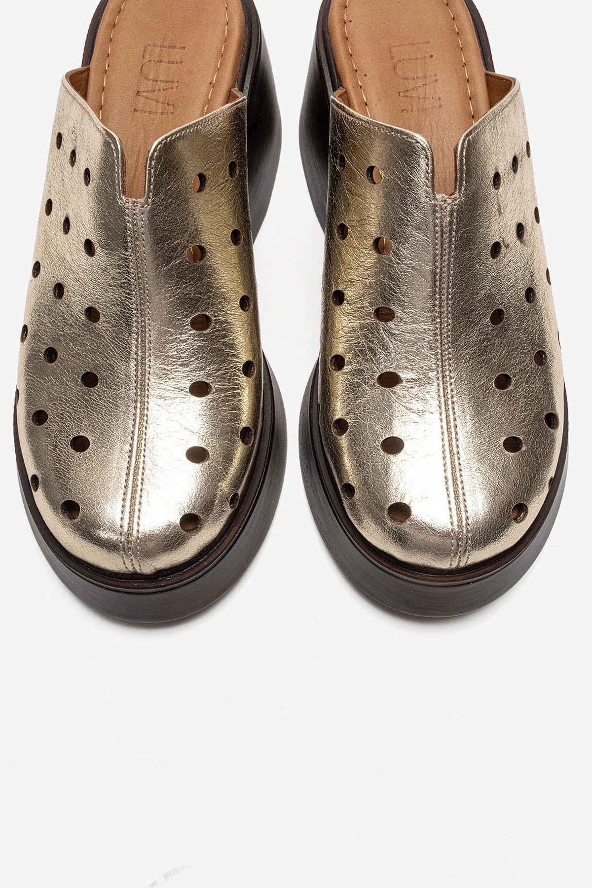 NIVES - Gold Genuine Leather Wedge Sandal – side view showing leather, gold, Vowalisse