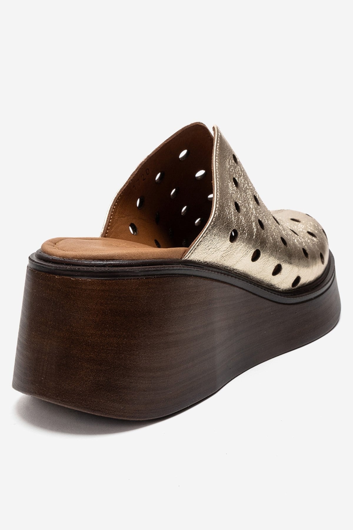 NIVES - Gold Genuine Leather Wedge Sandal – back view showing leather, gold, Vowalisse