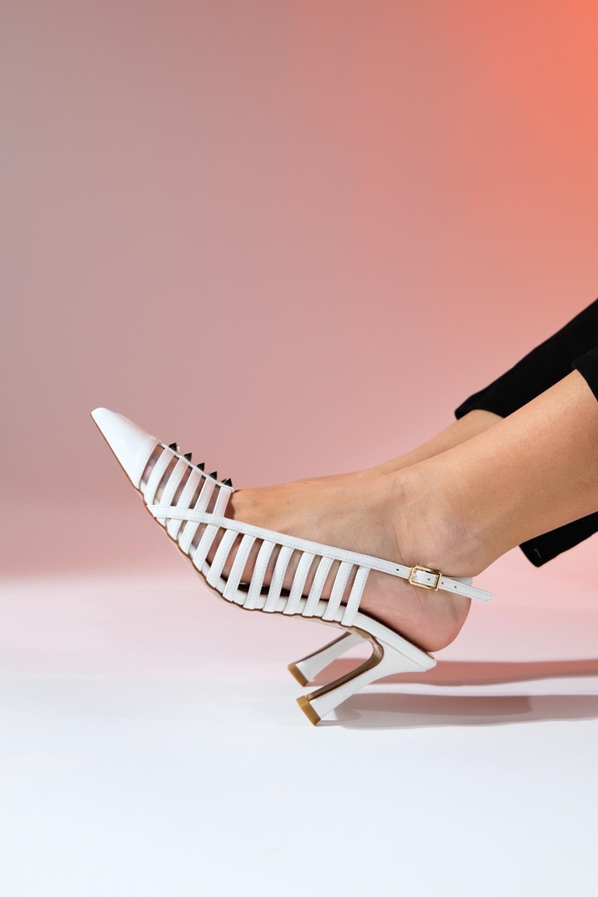 Rennes - White Pointed Toe Strappy Stiletto – heel view showing leather, white, Vowalisse