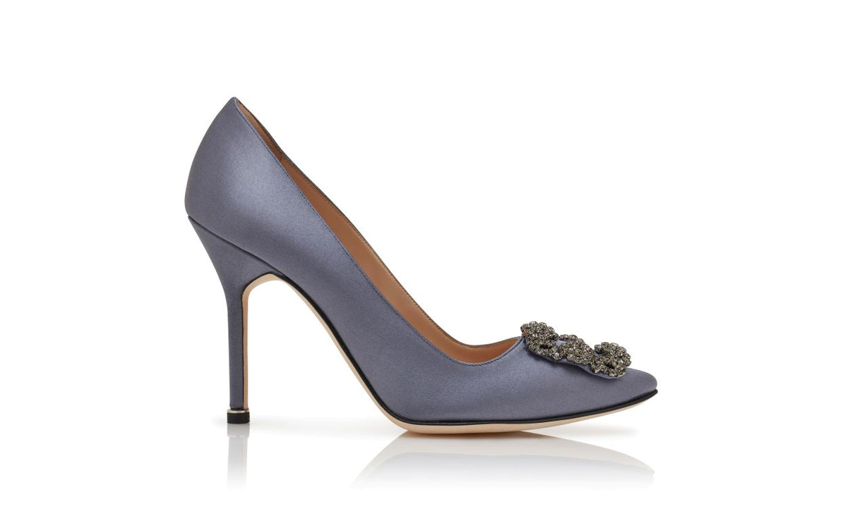 Anastasia Bloom Blue Jewel Buckle Pumps – side profile showing blue jewel buckle, crystal buckle, almond toe, satin…