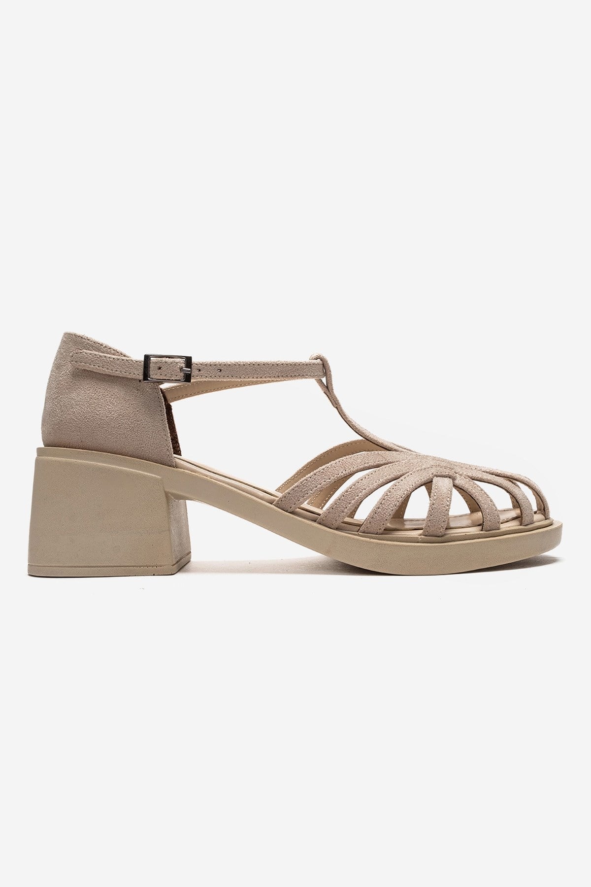 NOLANA - Beige Block Heel Sandal – heel view showing leather, suede, Vowalisse