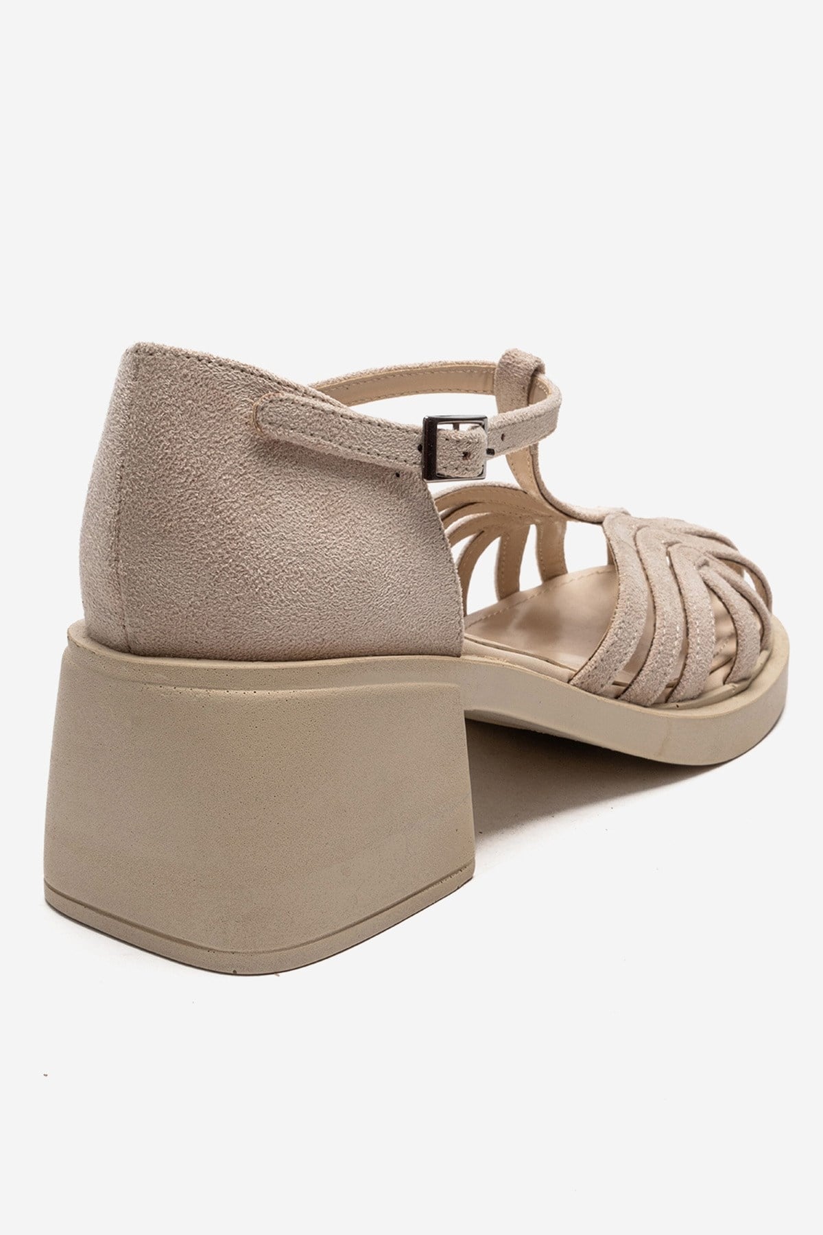 NOLANA - Beige Block Heel Sandal – back view showing leather, suede, Vowalisse