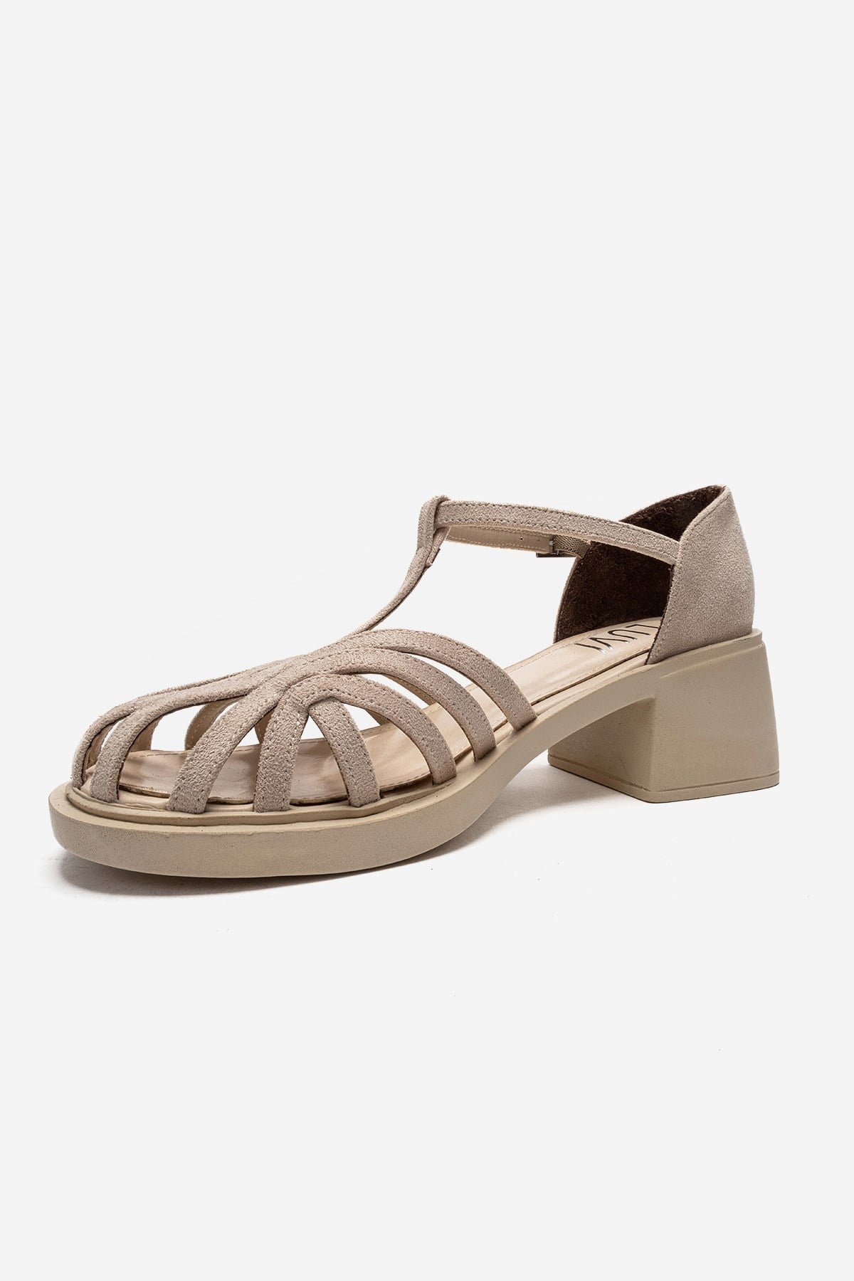 NOLANA - Beige Block Heel Sandal – top view showing leather, suede, Vowalisse