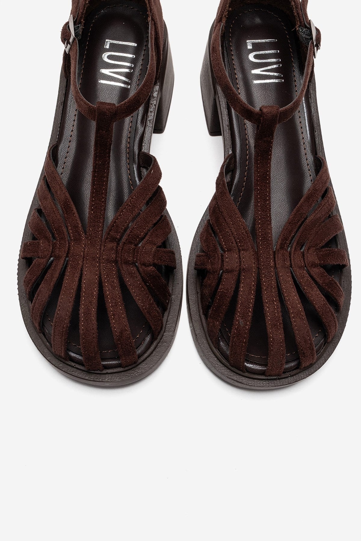 NOLANA - Brown Block Heel Sandal – side view showing leather, suede, Vowalisse