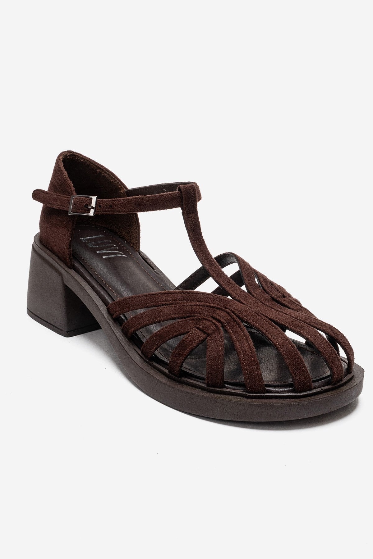 NOLANA - Brown Block Heel Sandal – detail view showing leather, suede, Vowalisse