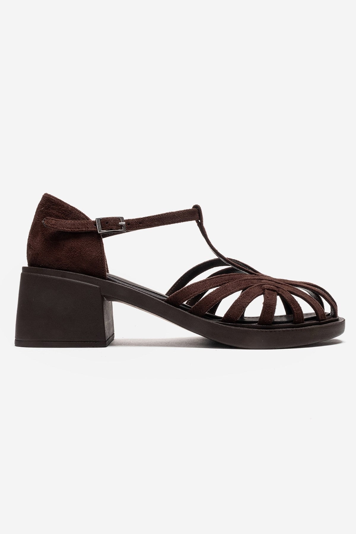 NOLANA - Brown Block Heel Sandal – heel view showing leather, suede, Vowalisse
