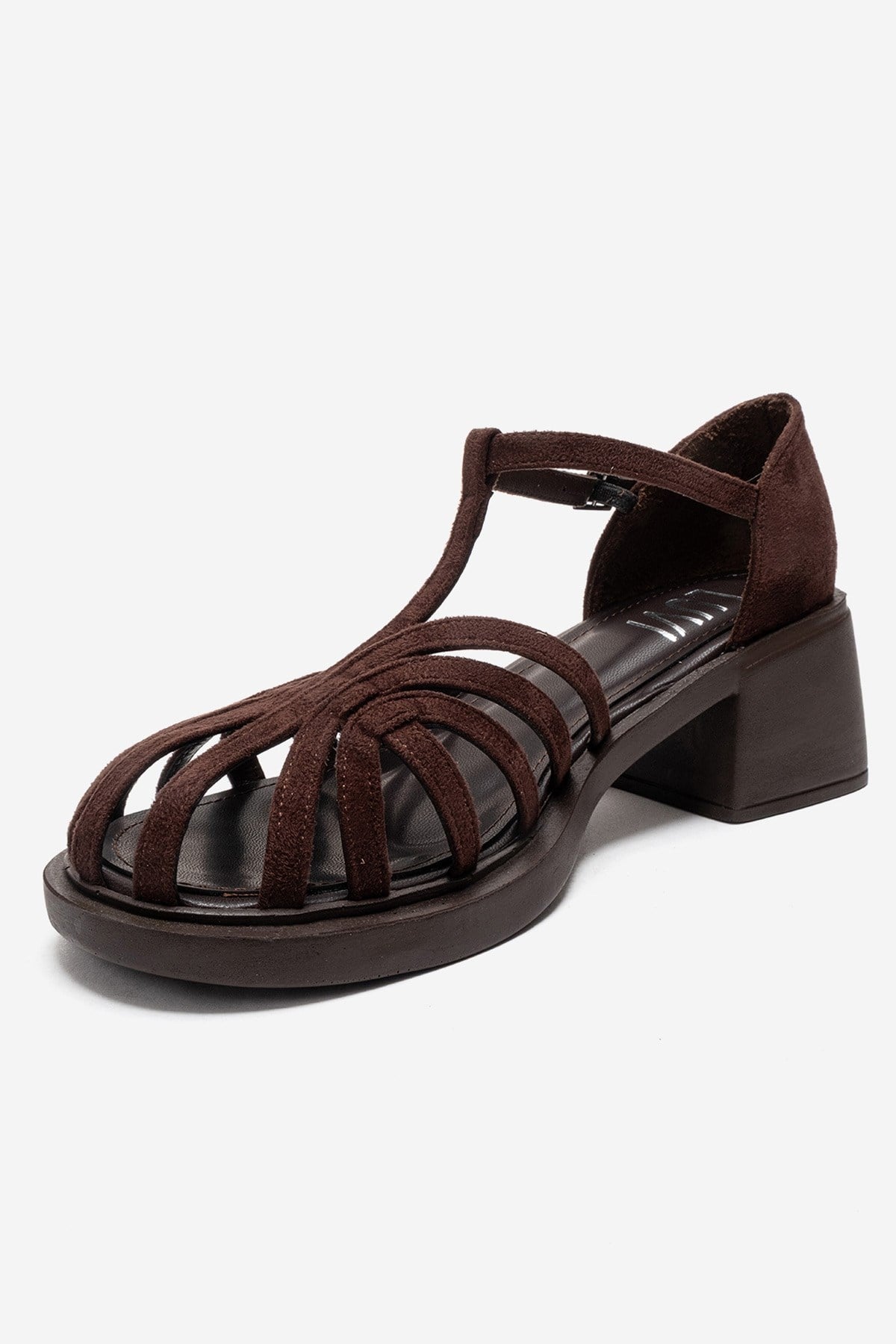 NOLANA - Brown Block Heel Sandal – top view showing leather, suede, Vowalisse