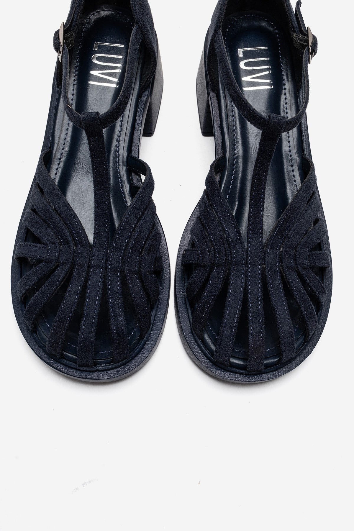 NOLANA - Navy Block Heel Sandal – side view showing leather, suede, Vowalisse