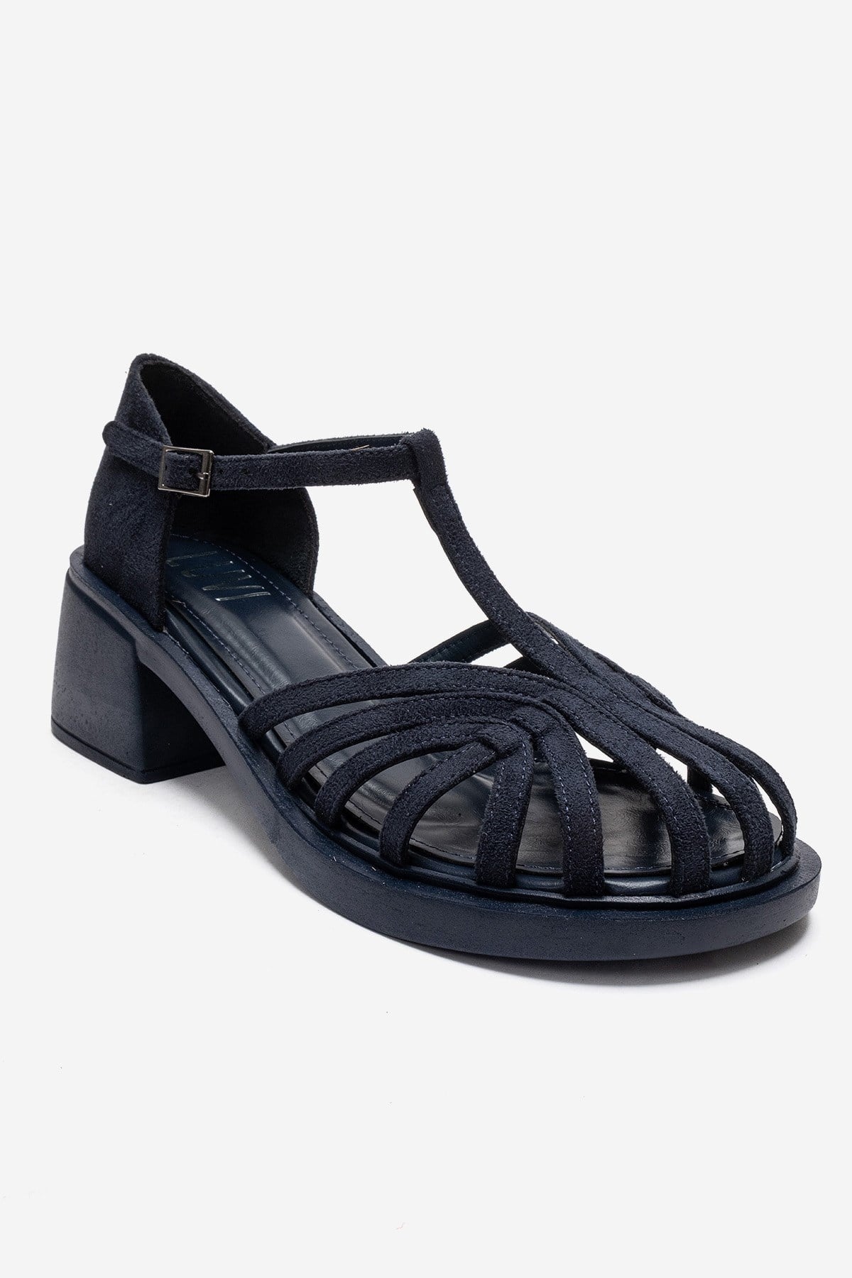 NOLANA - Navy Block Heel Sandal – detail view showing leather, suede, Vowalisse