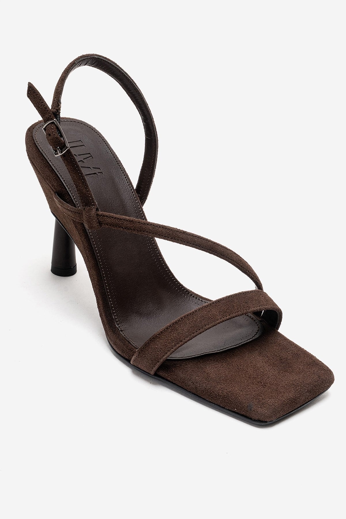 JOLENE - Brown Stiletto Pump – detail view showing leather, suede, Vowalisse