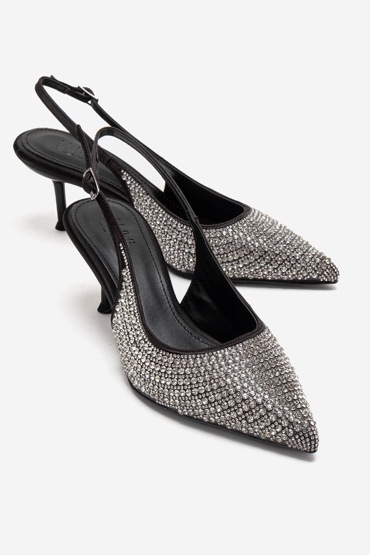 YASMINA - Black Stiletto Pump – front three-quarter view showing leather, black, Vowalisse