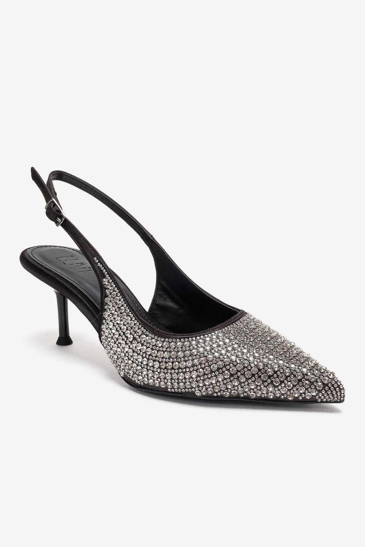 YASMINA - Black Stiletto Pump – detail view showing leather, black, Vowalisse