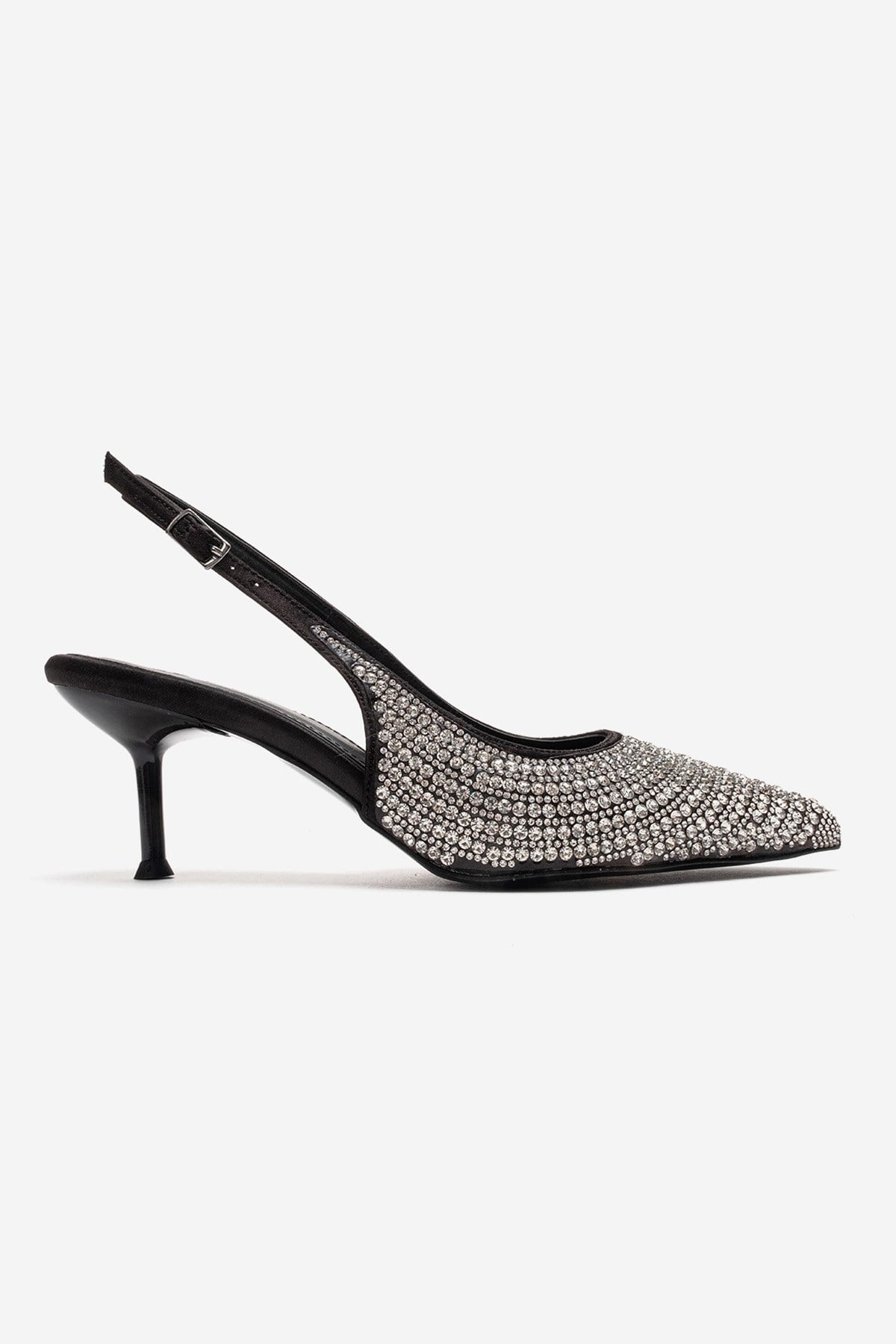YASMINA - Black Stiletto Pump – heel view showing leather, black, Vowalisse