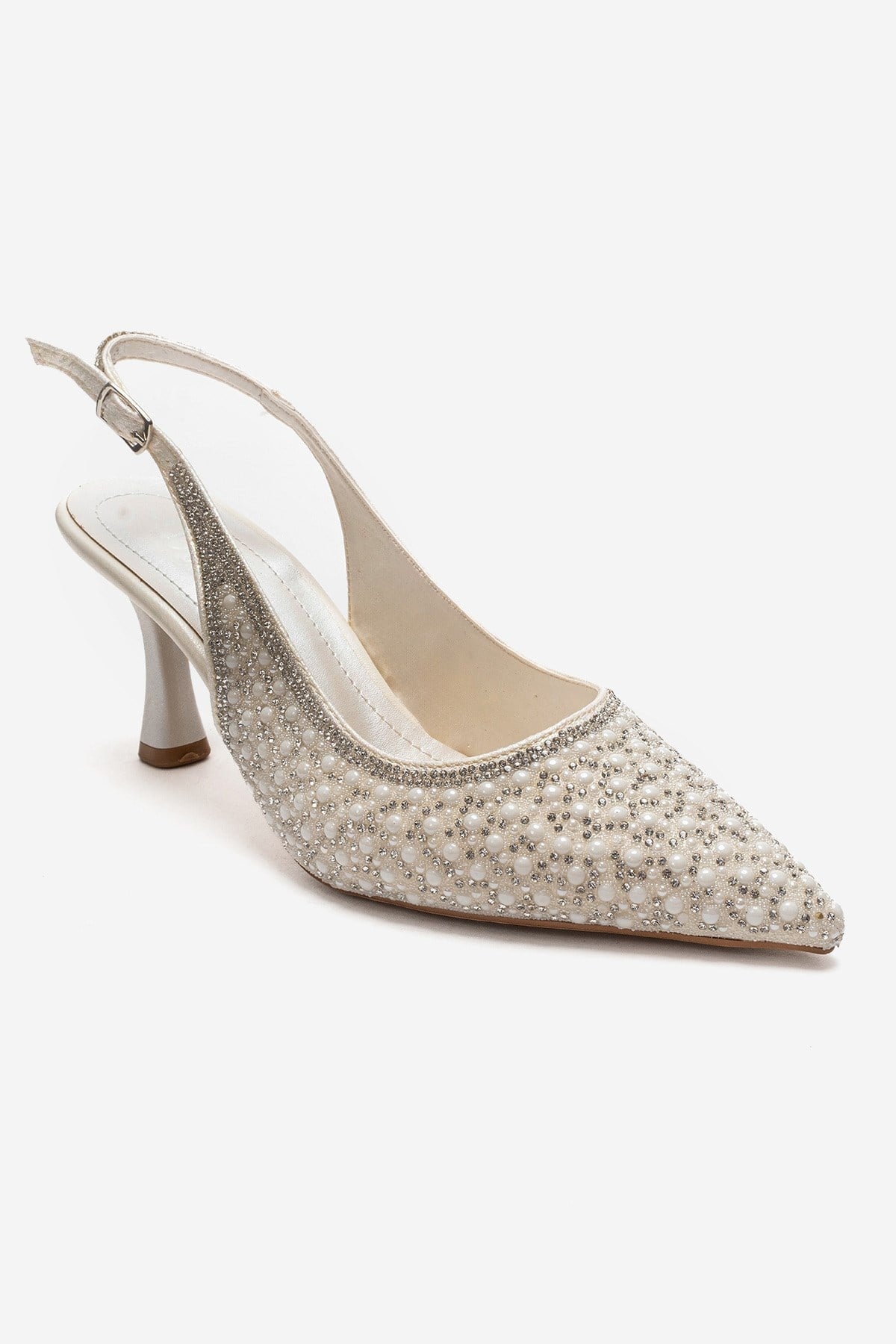 LINNEA - Off-White Stiletto Pump – detail view showing pearl, crystal, leather, Vowalisse