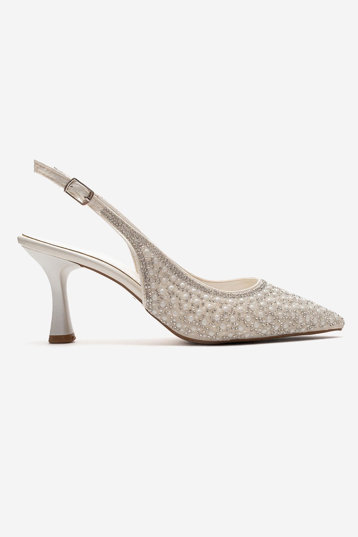 LINNEA - Off-White Stiletto Pump – heel view showing pearl, crystal, leather, Vowalisse