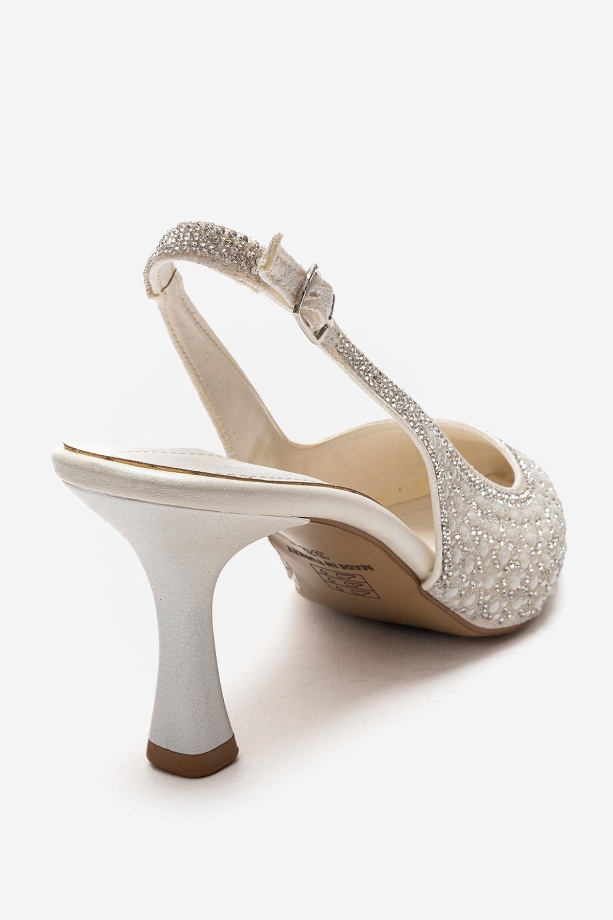 LINNEA - Off-White Stiletto Pump – back view showing pearl, crystal, leather, Vowalisse
