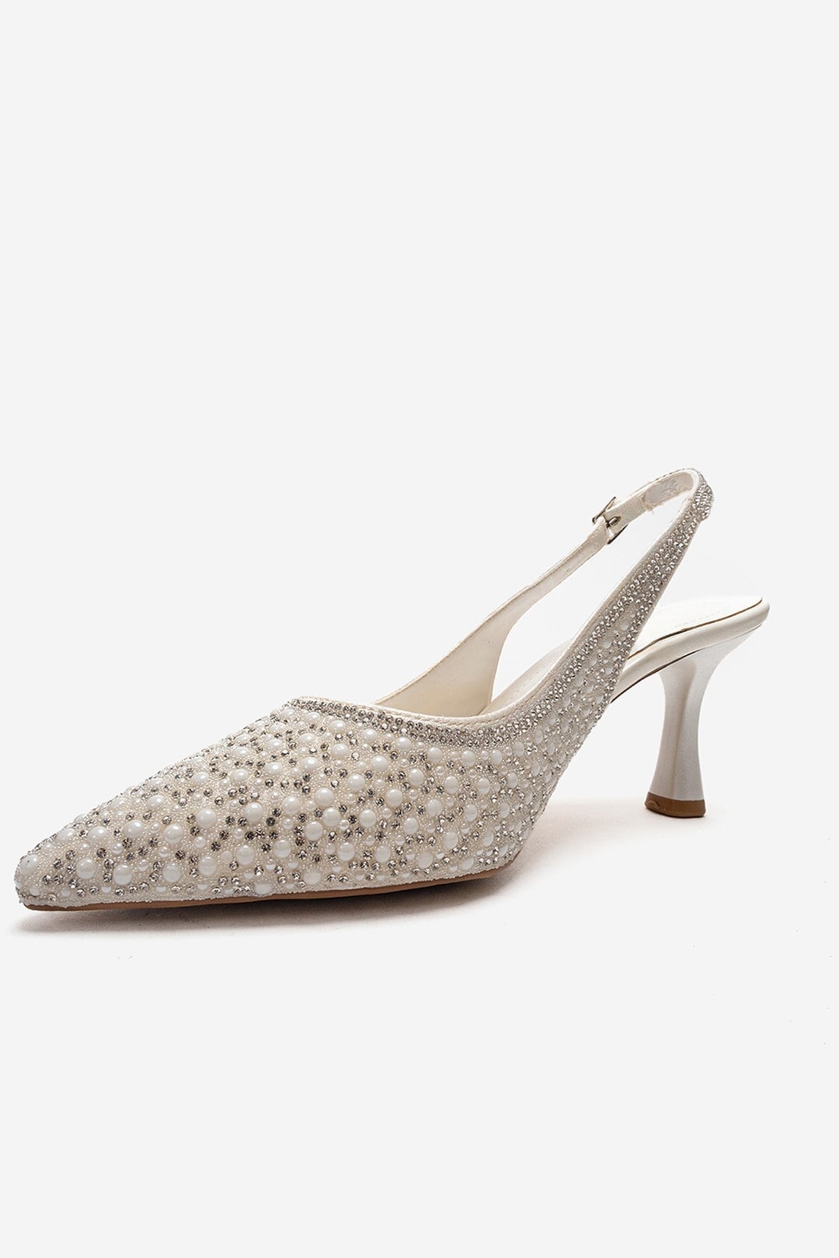 LINNEA - Off-White Stiletto Pump – top view showing pearl, crystal, leather, Vowalisse