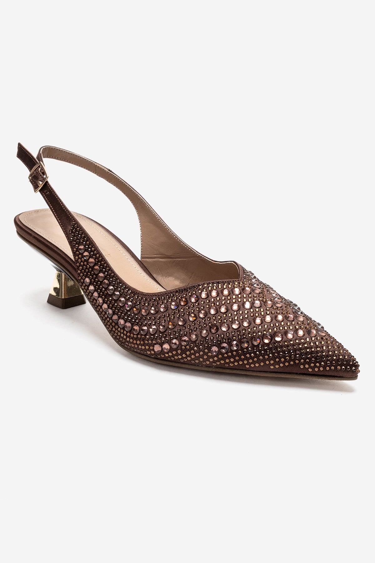 ROYALE - Brown Satin Stone-Embellished Kitten Heel Evening Shoe – detail view showing satin, leather, Vowalisse