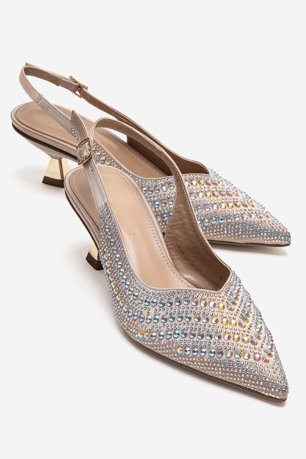 ROYALE - Beige Satin Stone-Embellished Kitten Heel Evening Shoe – front three-quarter view showing satin, leather…