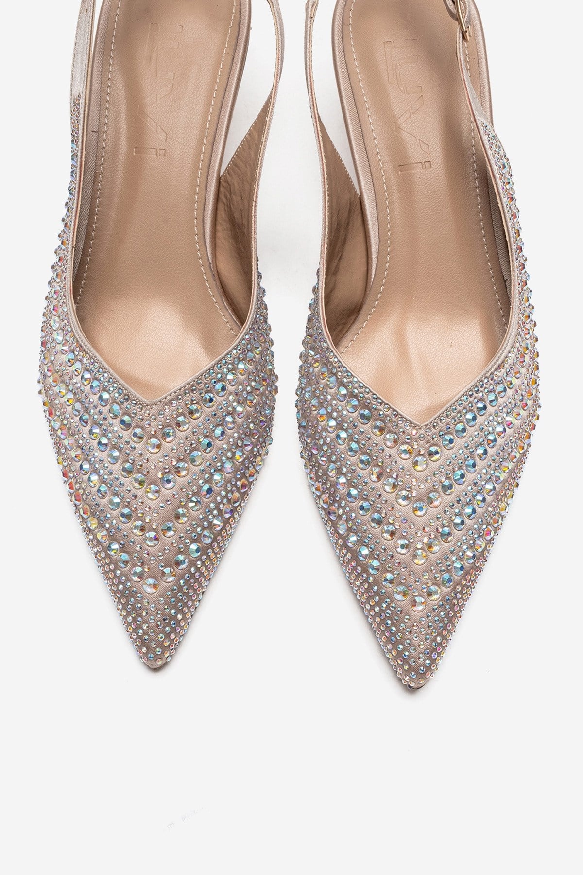 ROYALE - Beige Satin Stone-Embellished Kitten Heel Evening Shoe – side view showing satin, leather, Vowalisse