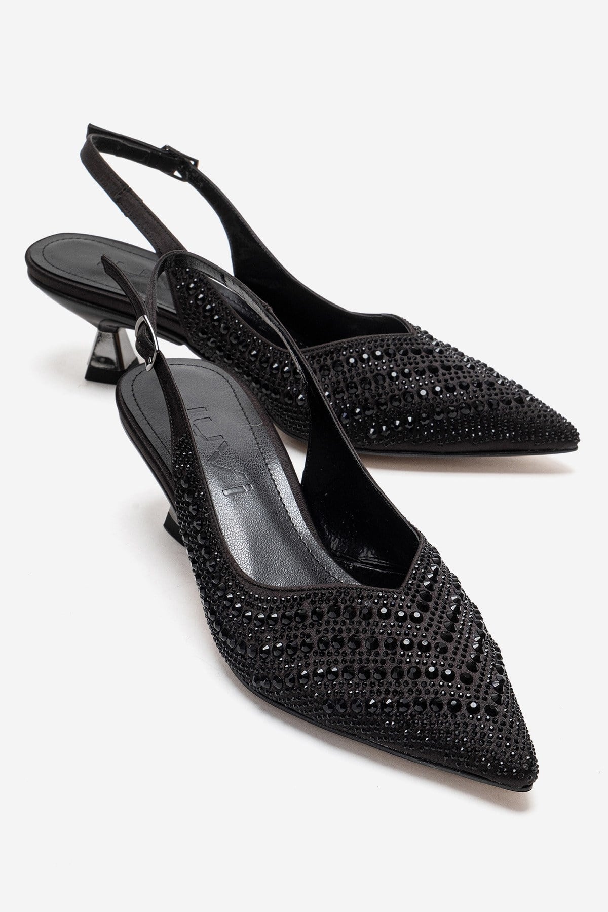ROYALE - Black Satin Stone-Embellished Kitten Heel Evening Shoe – front three-quarter view showing satin, leather, black…