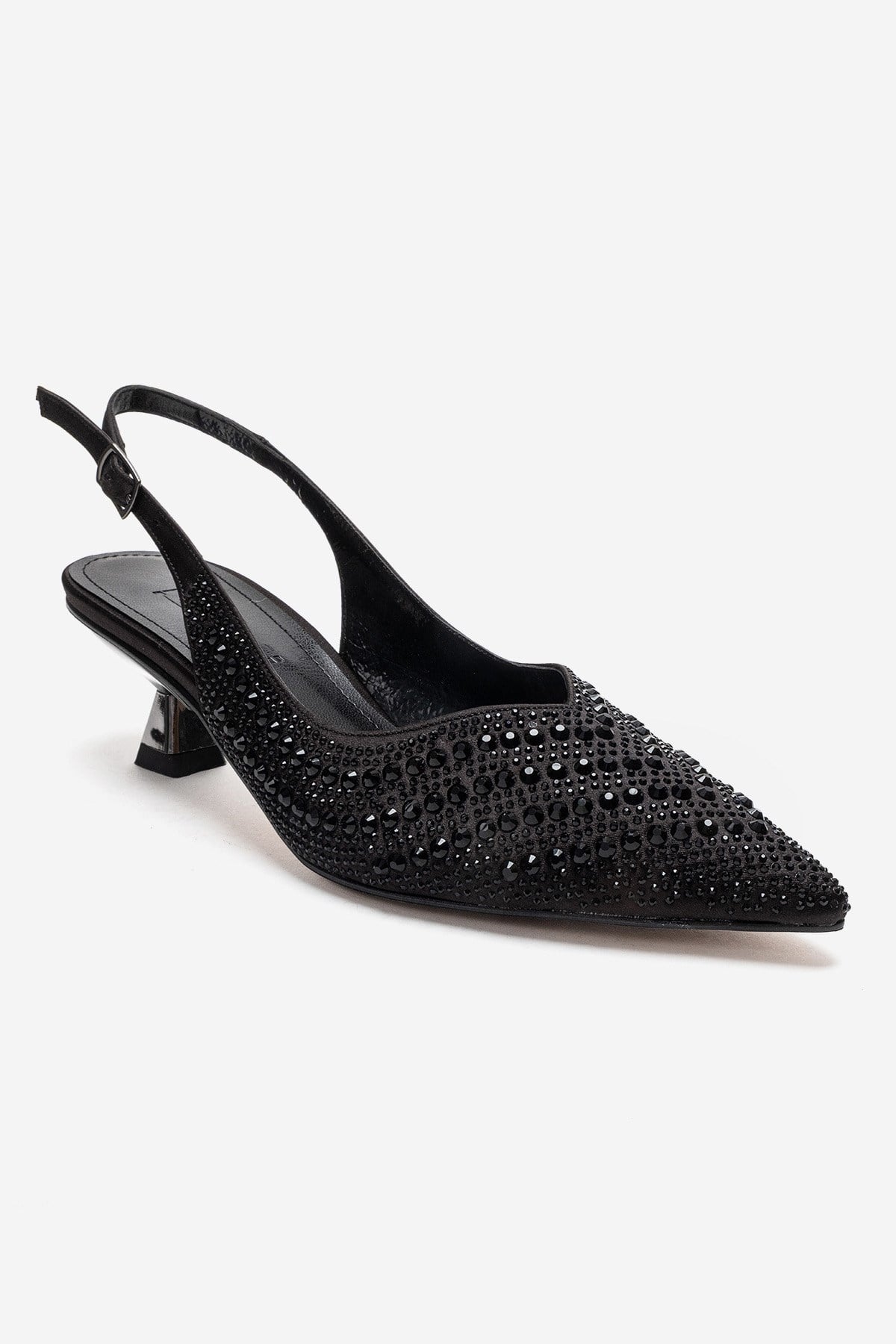 ROYALE - Black Satin Stone-Embellished Kitten Heel Evening Shoe – detail view showing satin, leather, black, Vowalisse