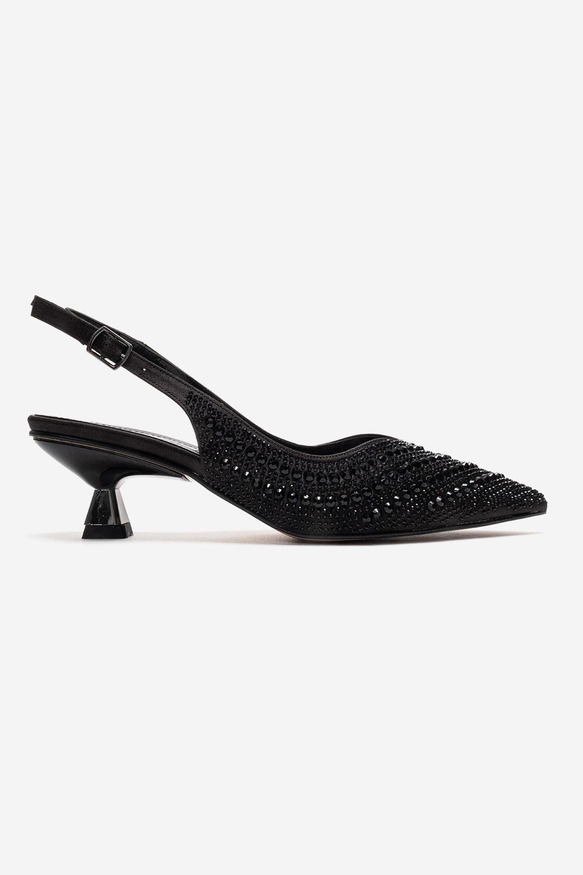ROYALE - Black Satin Stone-Embellished Kitten Heel Evening Shoe – heel view showing satin, leather, black, Vowalisse