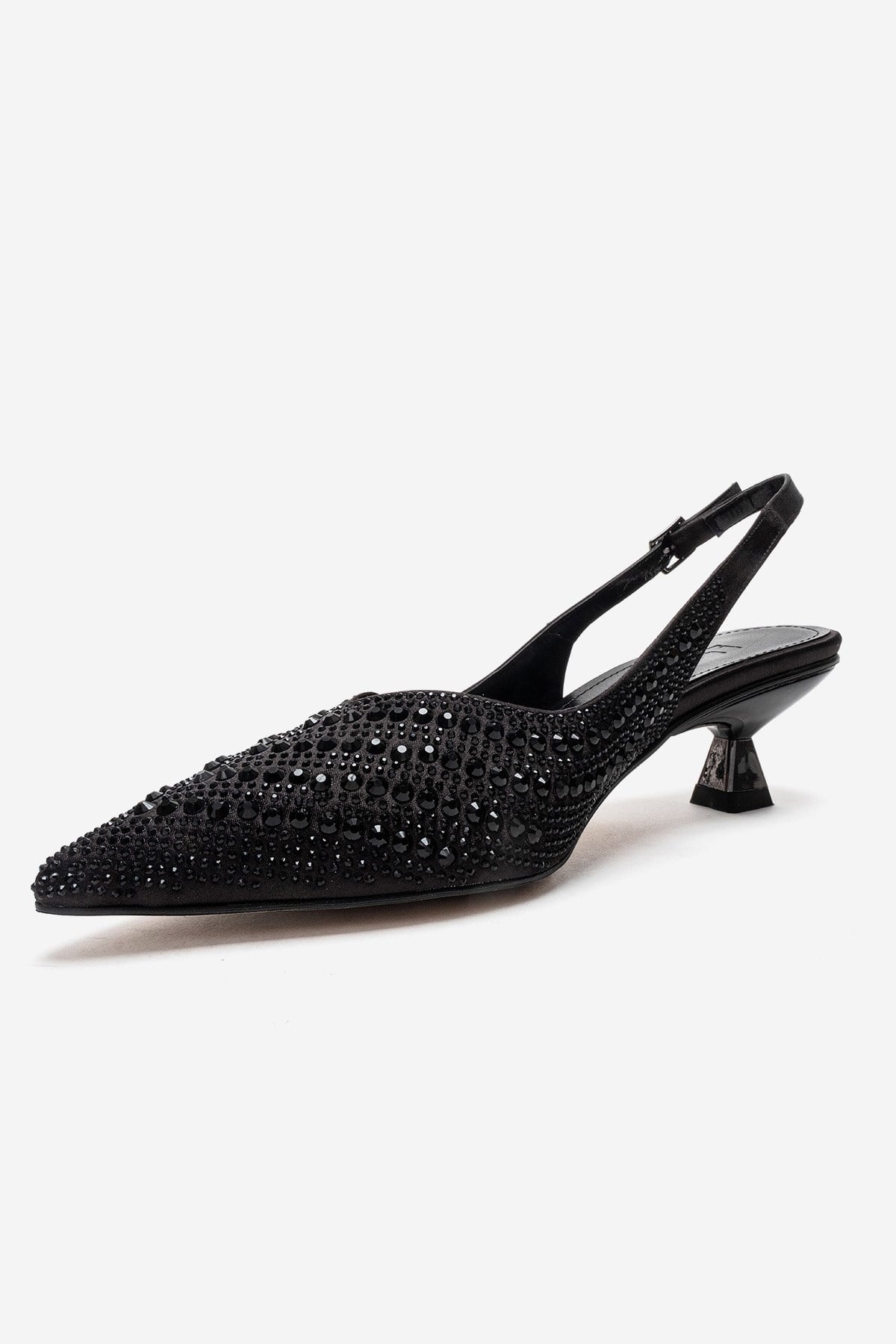 ROYALE - Black Satin Stone-Embellished Kitten Heel Evening Shoe – top view showing satin, leather, black, Vowalisse