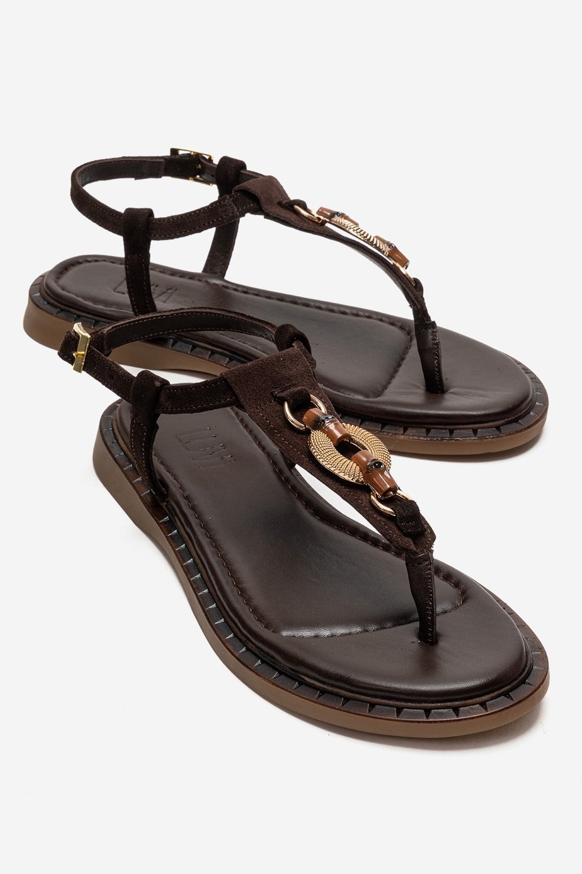 TIANA - Brown Genuine Leather Buckled Toe-Post Sandal – front three-quarter view showing leather, Vowalisse