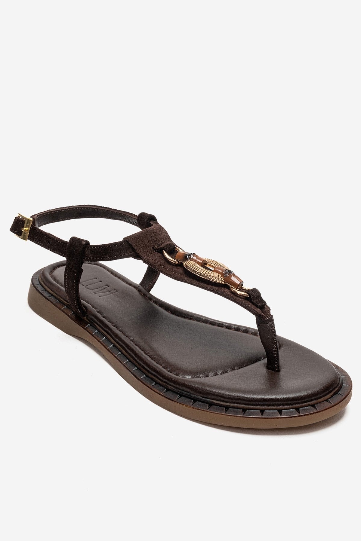 TIANA - Brown Genuine Leather Buckled Toe-Post Sandal – detail view showing leather, Vowalisse