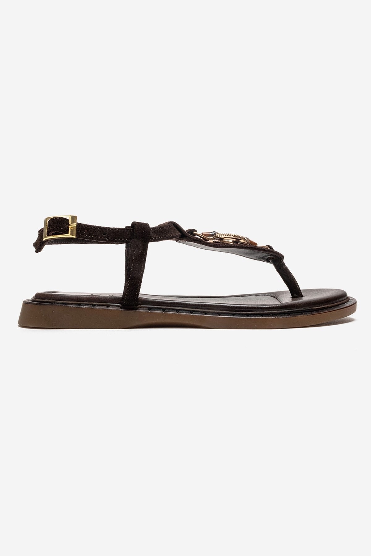 TIANA - Brown Genuine Leather Buckled Toe-Post Sandal – heel view showing leather, Vowalisse