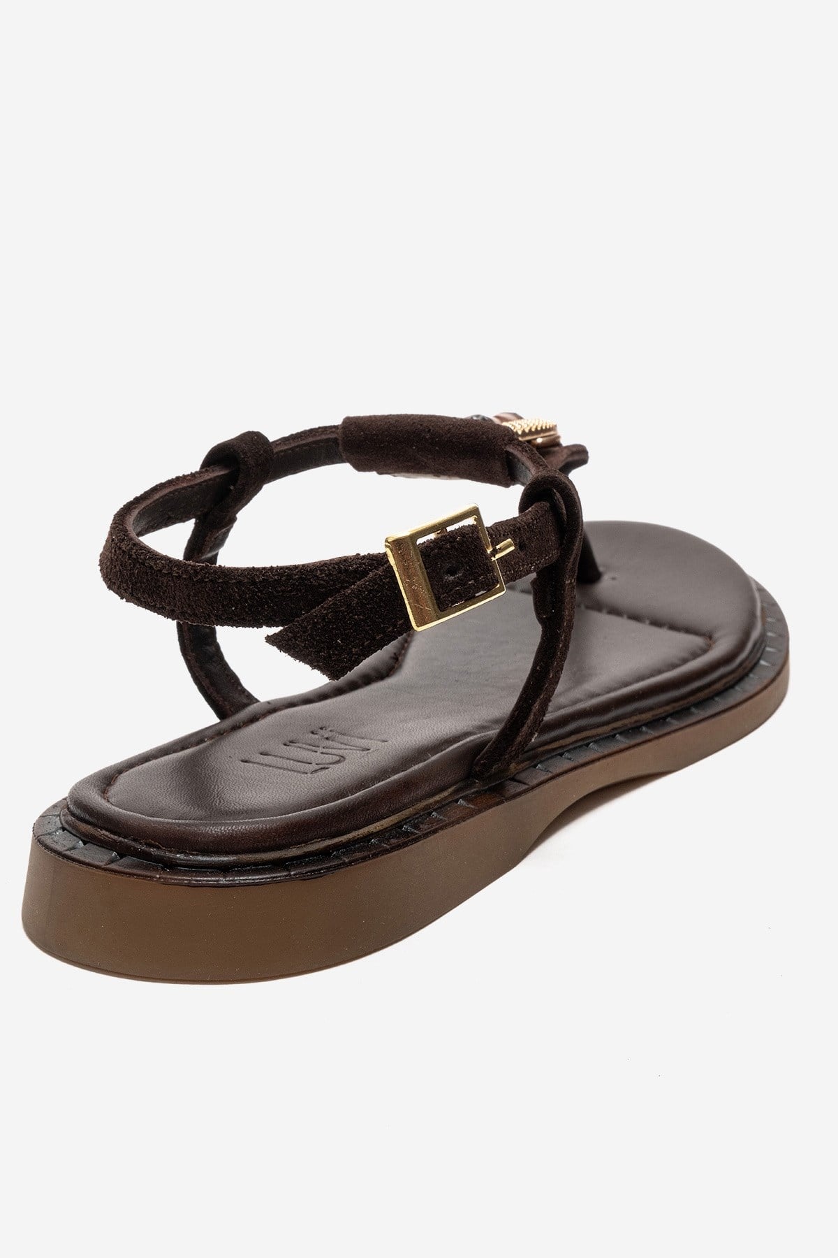 TIANA - Brown Genuine Leather Buckled Toe-Post Sandal – back view showing leather, Vowalisse