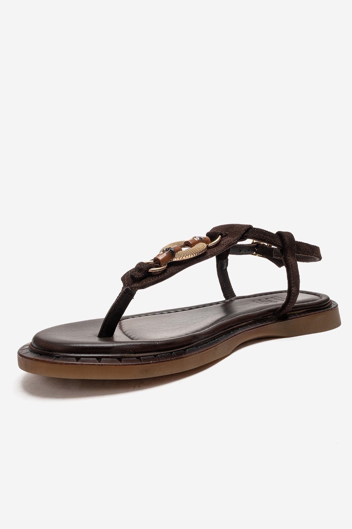 TIANA - Brown Genuine Leather Buckled Toe-Post Sandal – top view showing leather, Vowalisse