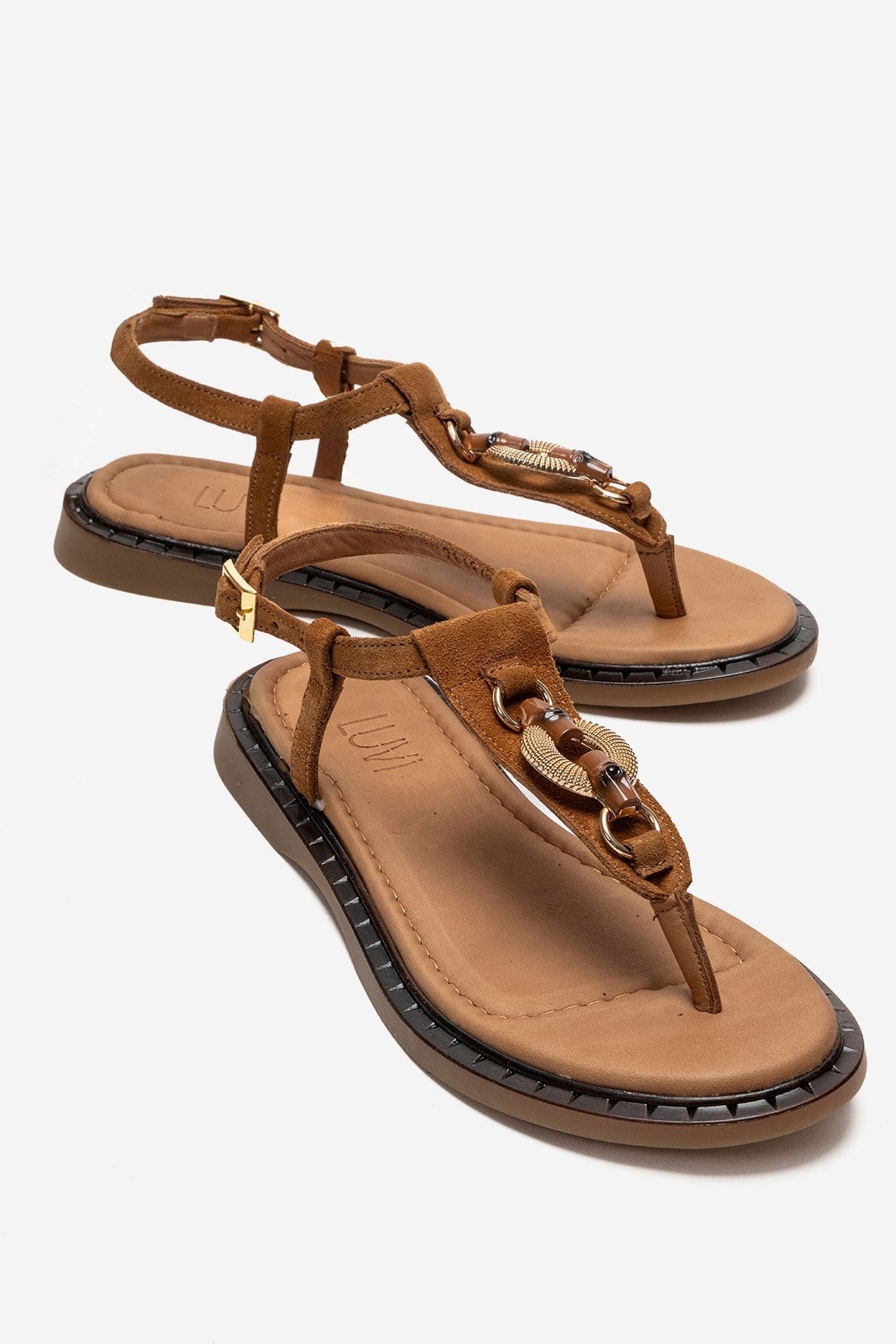 TIANA - Cognac Genuine Leather Buckled Toe-Post Sandal – front three-quarter view showing leather, Vowalisse