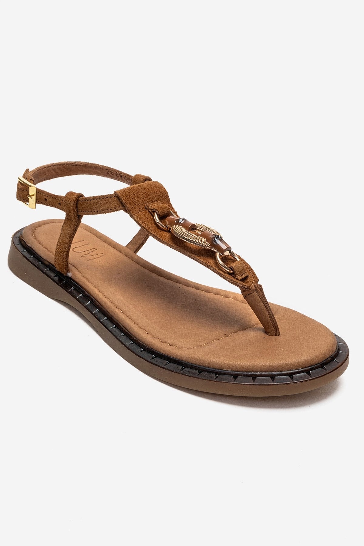 TIANA - Cognac Genuine Leather Buckled Toe-Post Sandal – detail view showing leather, Vowalisse