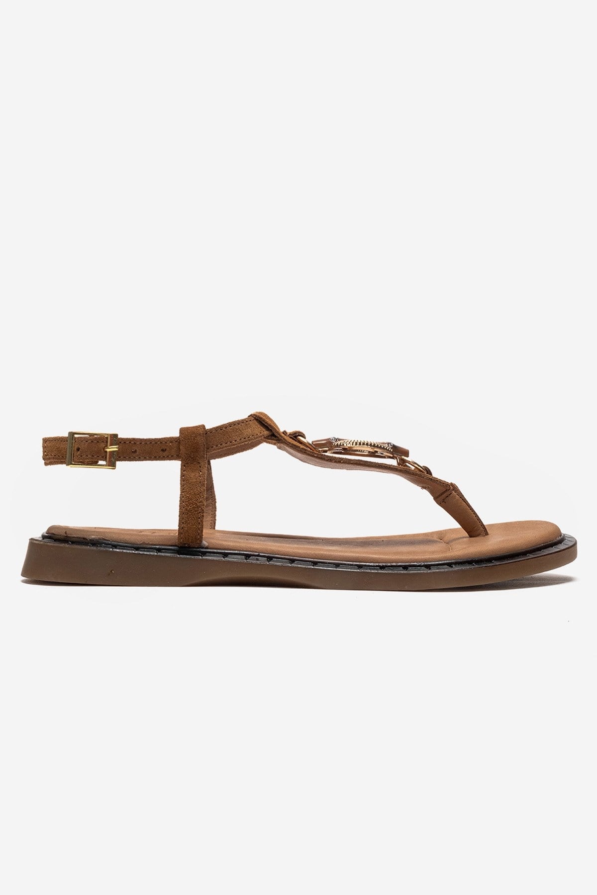 TIANA - Cognac Genuine Leather Buckled Toe-Post Sandal – heel view showing leather, Vowalisse