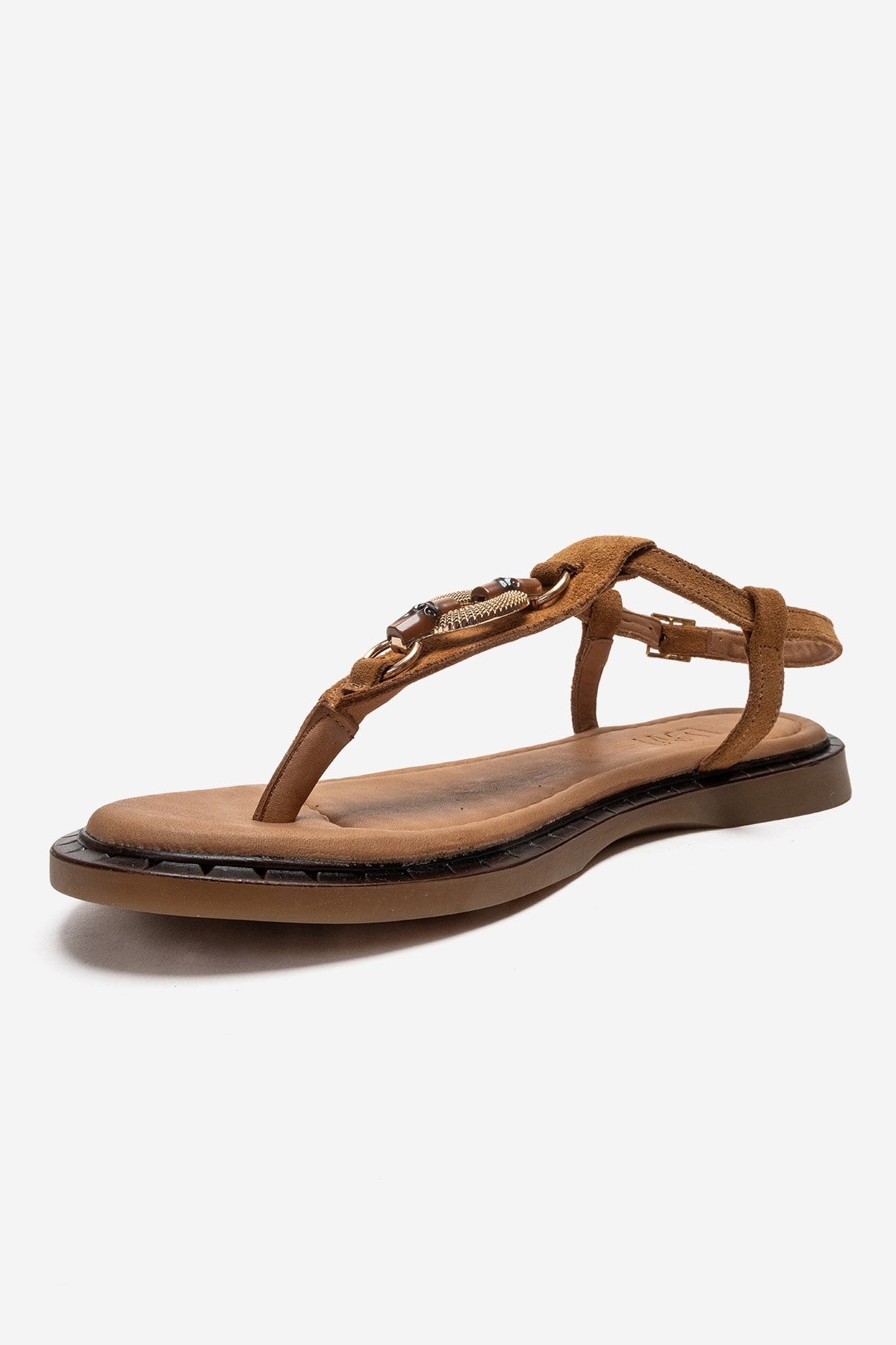 TIANA - Cognac Genuine Leather Buckled Toe-Post Sandal – top view showing leather, Vowalisse