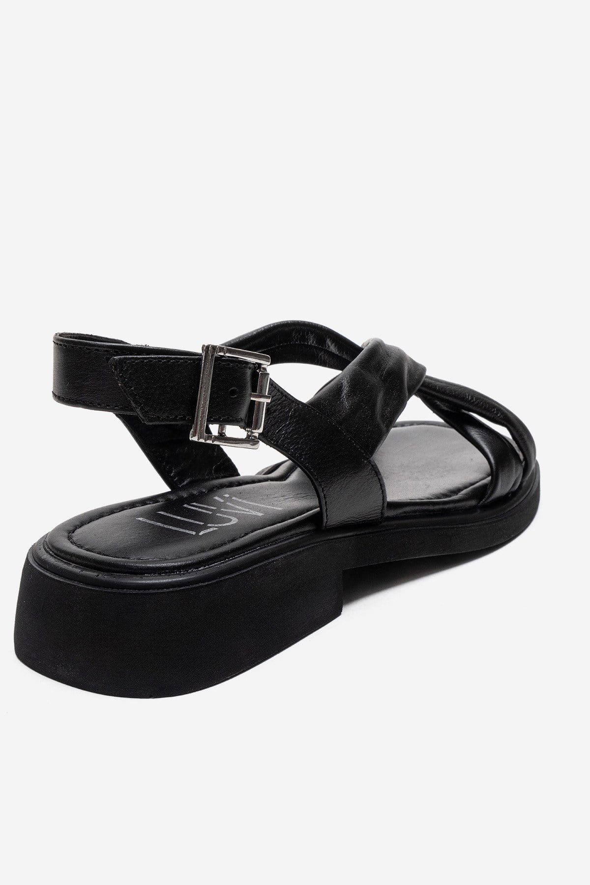 FRAND - Black Genuine Leather Crisscross Strap Sandal – back view showing leather, black, Vowalisse