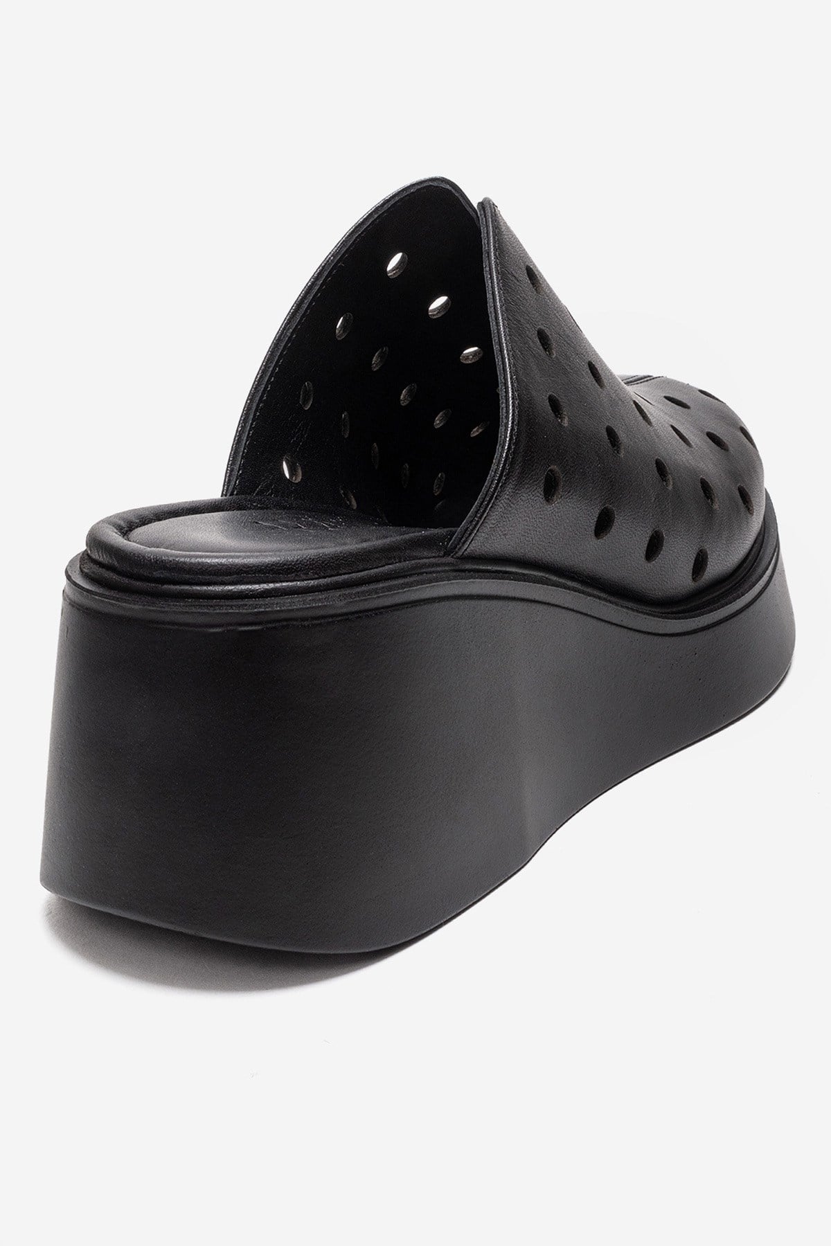 NIVES - Black Genuine Leather Platform Mule – back view showing leather, black, Vowalisse