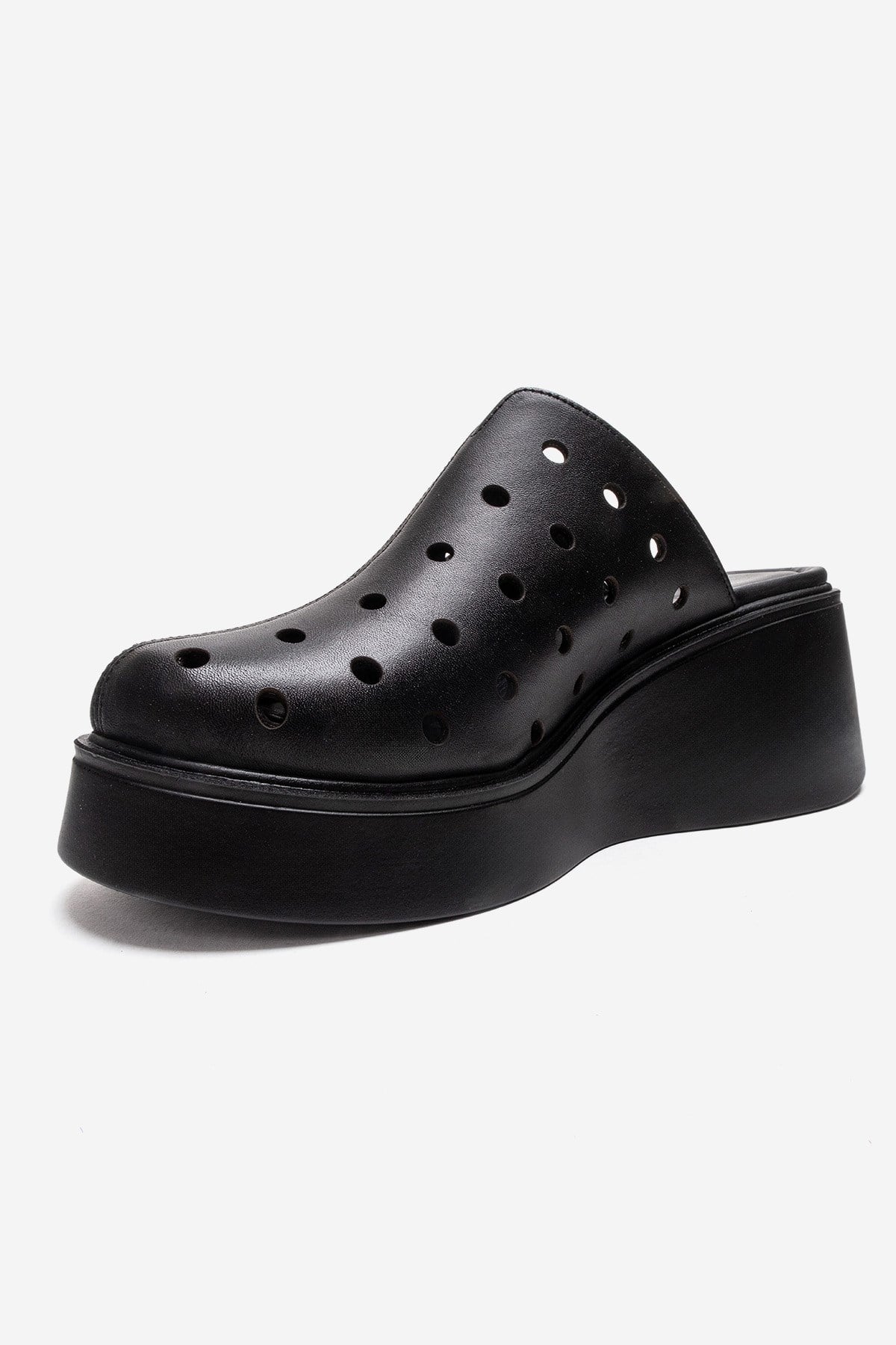 NIVES - Black Genuine Leather Platform Mule – top view showing leather, black, Vowalisse