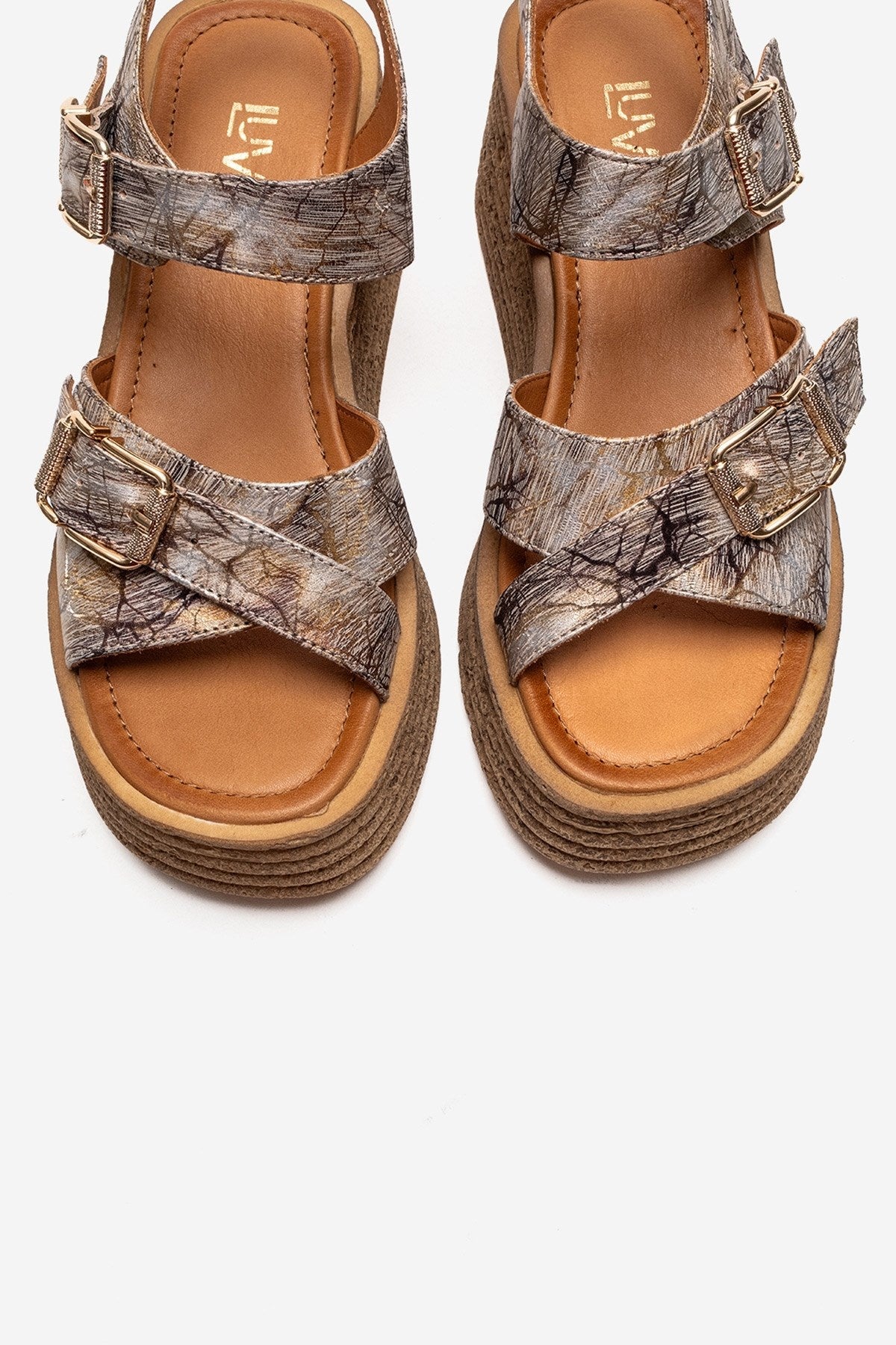 MIRETTE - Gold Genuine Leather Platform Sandal – side view showing leather, gold, Vowalisse