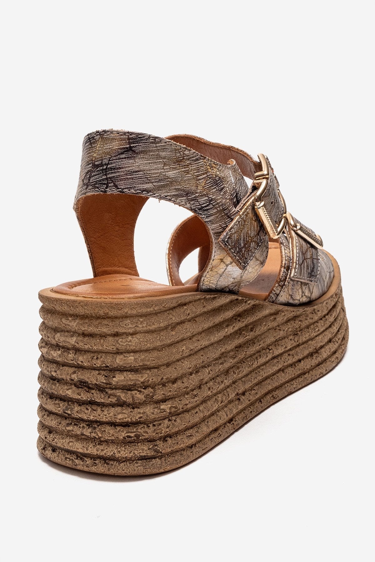 MIRETTE - Gold Genuine Leather Platform Sandal – back view showing leather, gold, Vowalisse