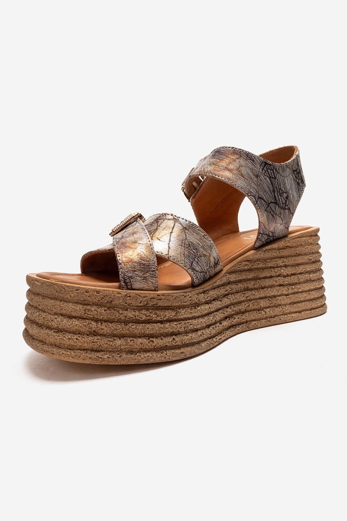 MIRETTE - Gold Genuine Leather Platform Sandal – top view showing leather, gold, Vowalisse