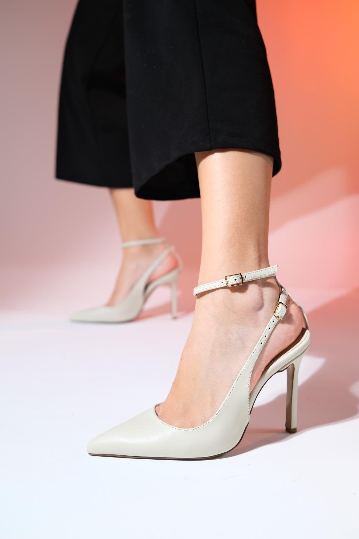 Ubuntu - Ecru Pointed Toe High Heel Pump – front three-quarter view showing leather, Vowalisse