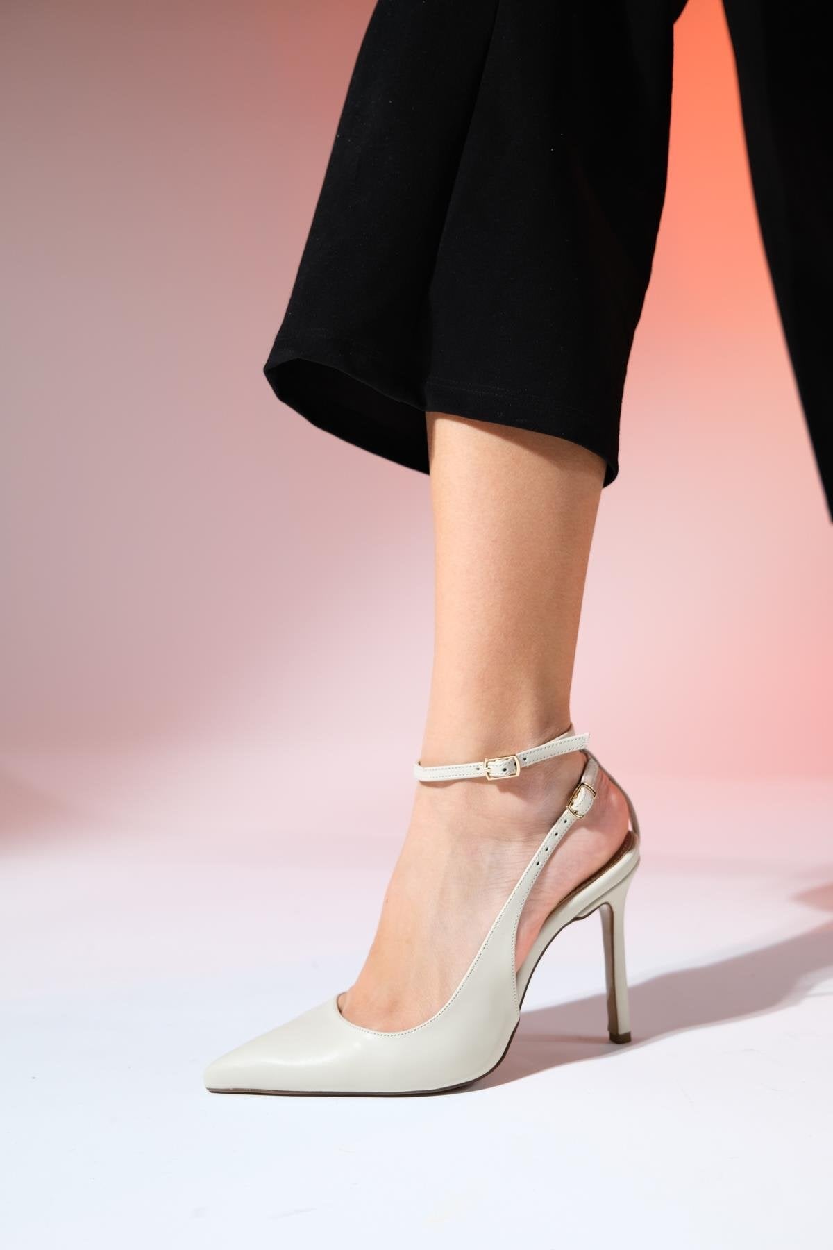 Ubuntu - Ecru Pointed Toe High Heel Pump – detail view showing leather, Vowalisse