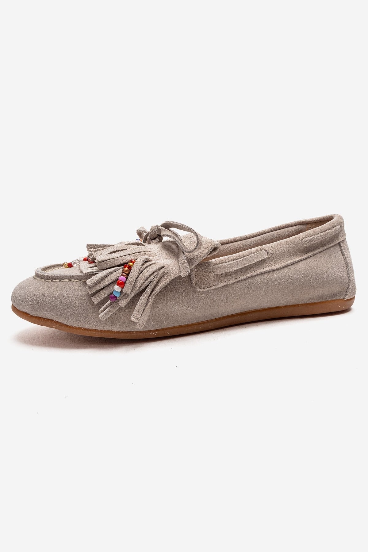 EVELYN - Beige Genuine Suede Leather Loafer – top view showing leather, suede, Vowalisse